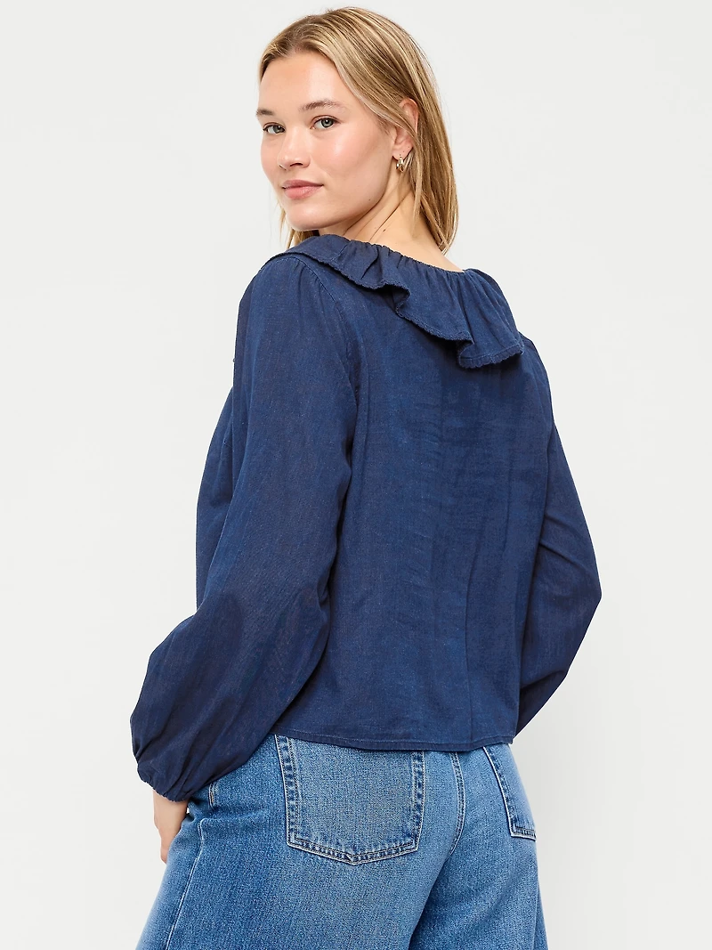 Long-Sleeve Ruffle Tie-Neck Top