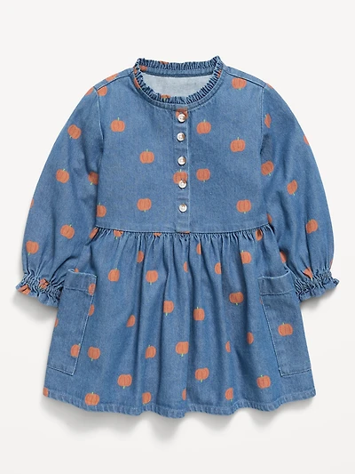 Printed Chambray Pocket Shirt Dress for Toddler Girls