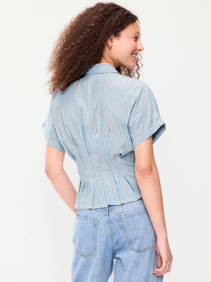 Slim Short-Sleeve Cinched-Waist Button-Down Shirt
