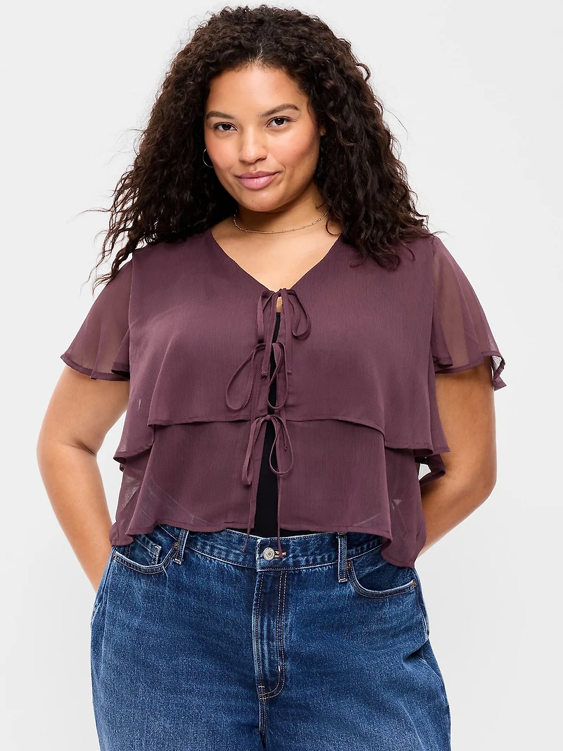 Chiffon Tie-Front Flutter-Sleeve Top