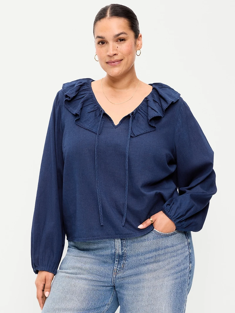 Long-Sleeve Ruffle Tie-Neck Top