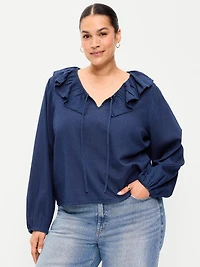 Long-Sleeve Ruffle Tie-Neck Top