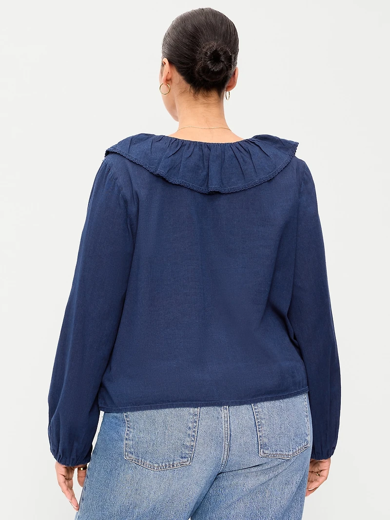 Long-Sleeve Ruffle Tie-Neck Top