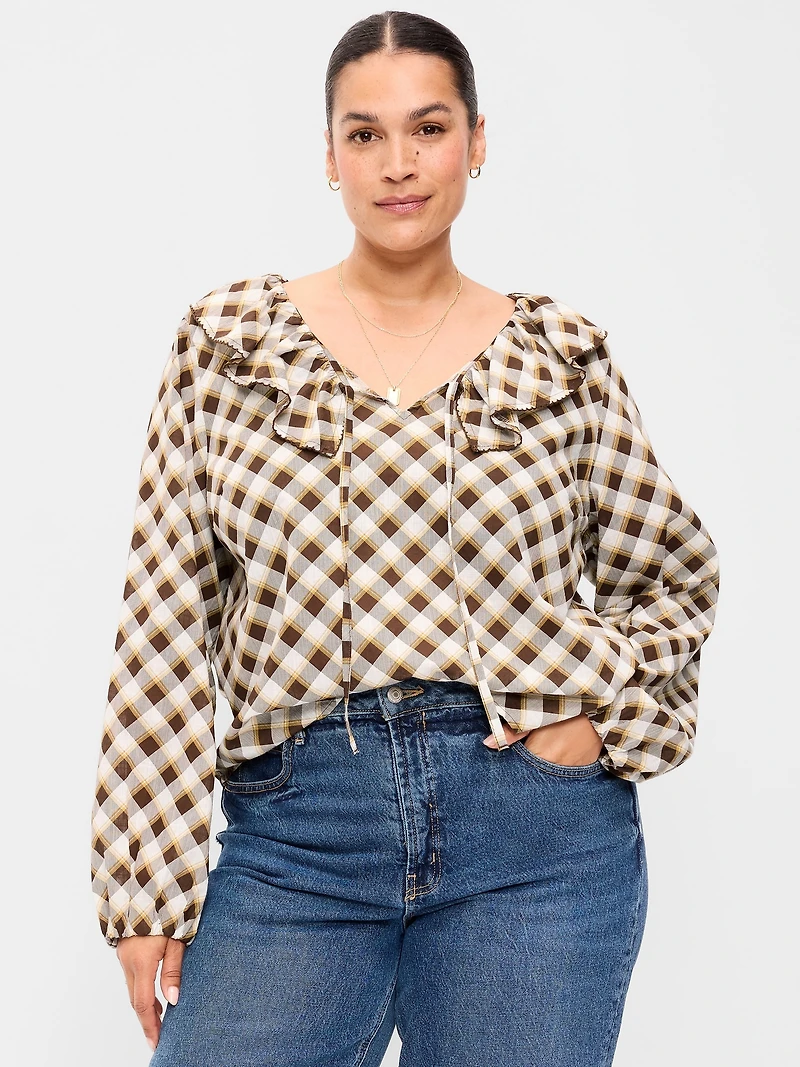 Long-Sleeve Ruffle Tie-Neck Top