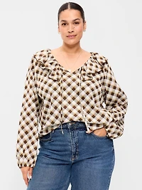 Long-Sleeve Ruffle Tie-Neck Top