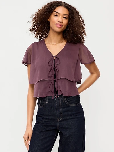 Chiffon Tie-Front Flutter-Sleeve Top