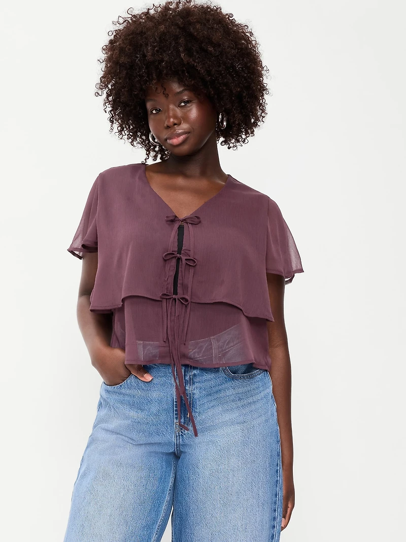 Chiffon Tie-Front Flutter-Sleeve Top