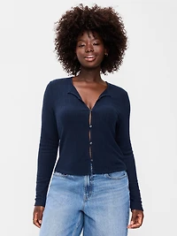 Long-Sleeve Button-Front Pointelle Top