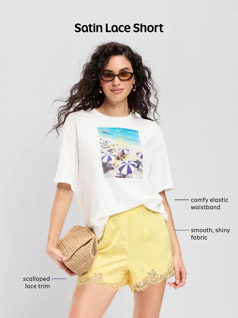 High-Waisted Lace-Trim Satin Shorts