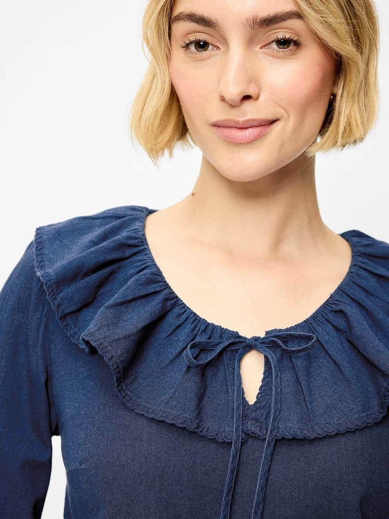 Long-Sleeve Ruffle Tie-Neck Top