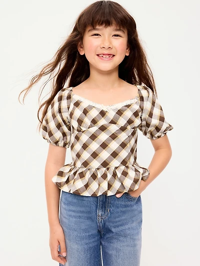 Fitted Short Puff-Sleeve Crinkled Plaid Top for Girls
