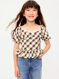 Fitted Short Puff-Sleeve Crinkled Plaid Top for Girls