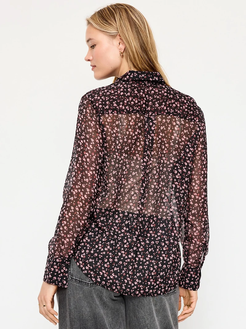 Airy Long-Sleeve Button-Down Top
