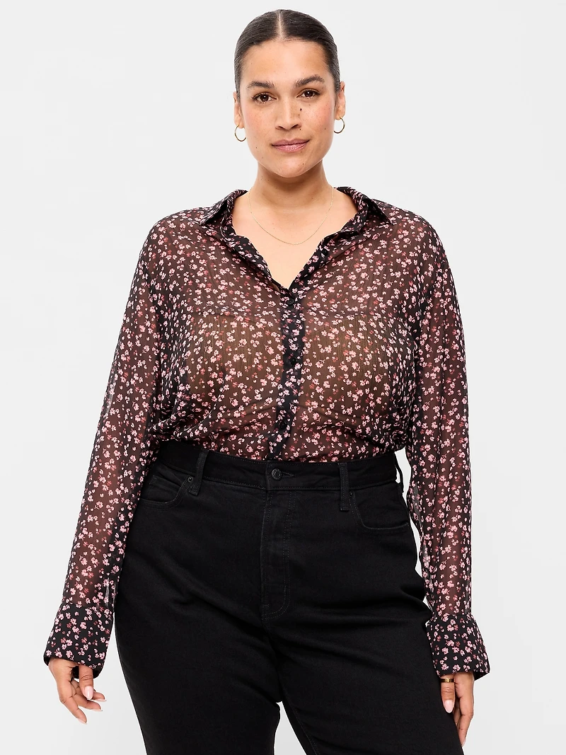 Airy Long-Sleeve Button-Down Top