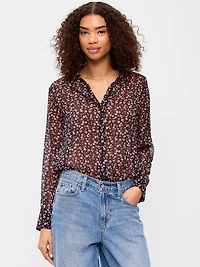 Airy Long-Sleeve Button-Down Top