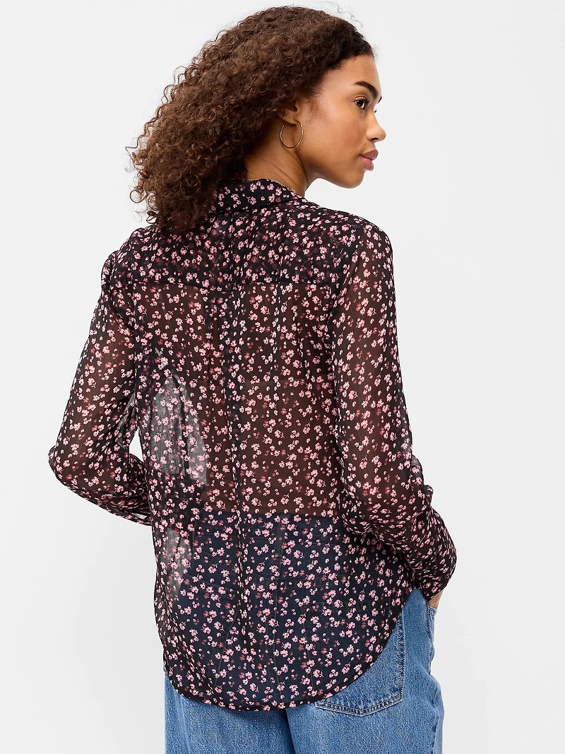 Airy Long-Sleeve Button-Down Top