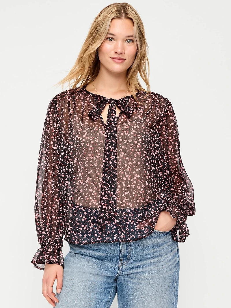 Chiffon Semi-Sheer Tie-Front Top
