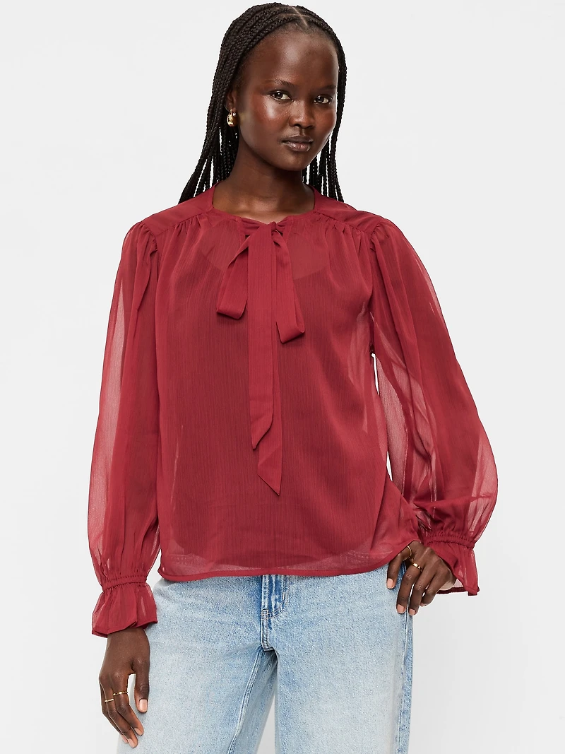 Long-Sleeve Chiffon Tie-Front Top