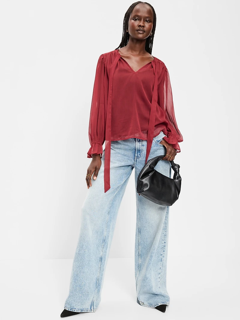 Long-Sleeve Chiffon Tie-Front Top