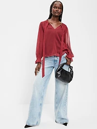 Long-Sleeve Chiffon Tie-Front Top