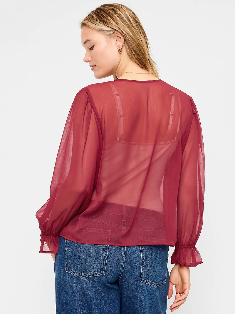 Long-Sleeve Chiffon Tie-Front Top