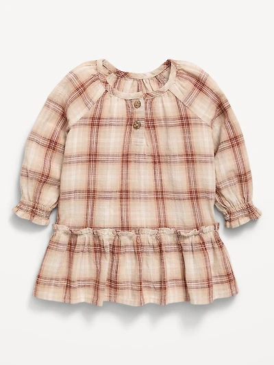 Long-Sleeve Plaid Ruffled Swing Dress for Baby