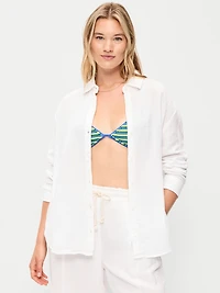 Open-Back Crinkle Gauze Button-Down Shirt