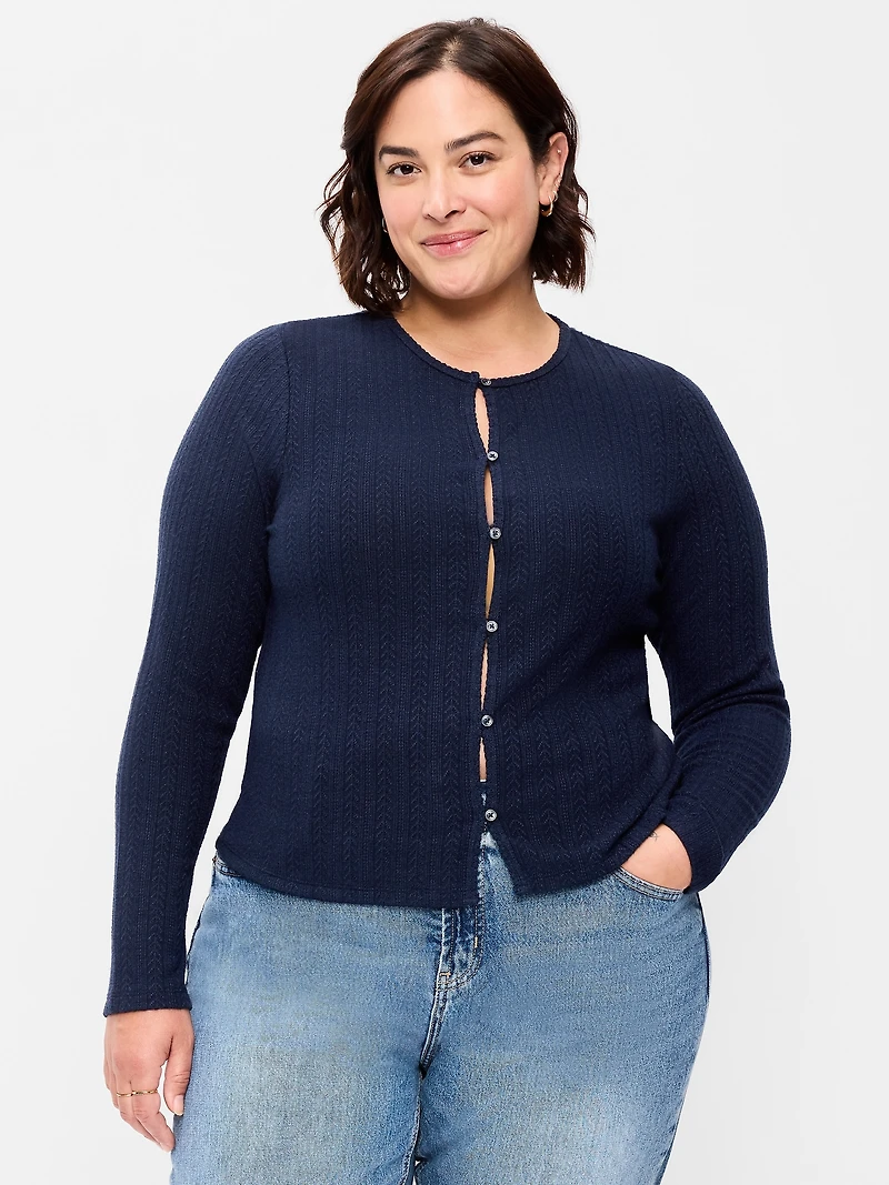 Long-Sleeve Button-Front Pointelle Top
