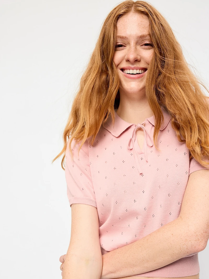 Tie-Front Seaside Cotton Pointelle Cropped Polo