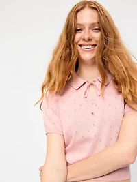 Tie-Front Seaside Cotton Pointelle Cropped Polo