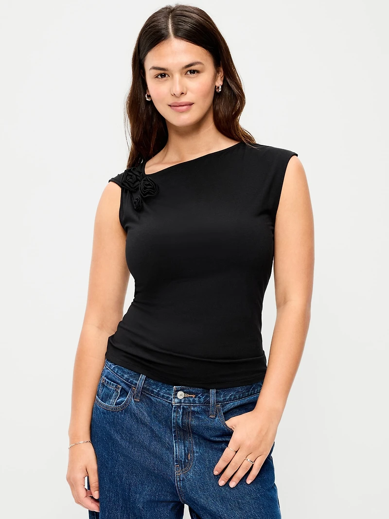 Gathered-Shoulder Rosette Top