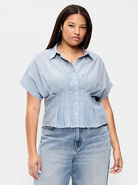 Slim Short-Sleeve Cinched-Waist Button-Down Shirt