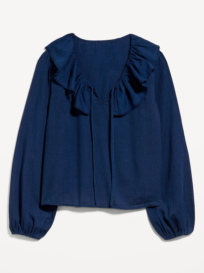 Long-Sleeve Ruffle Tie-Neck Top