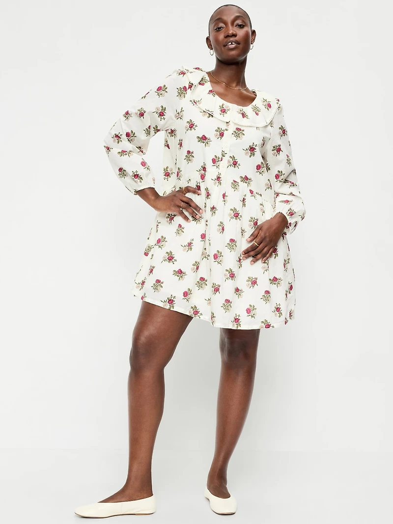 Long-Sleeve Ruffle-Collar Swing Mini Dress