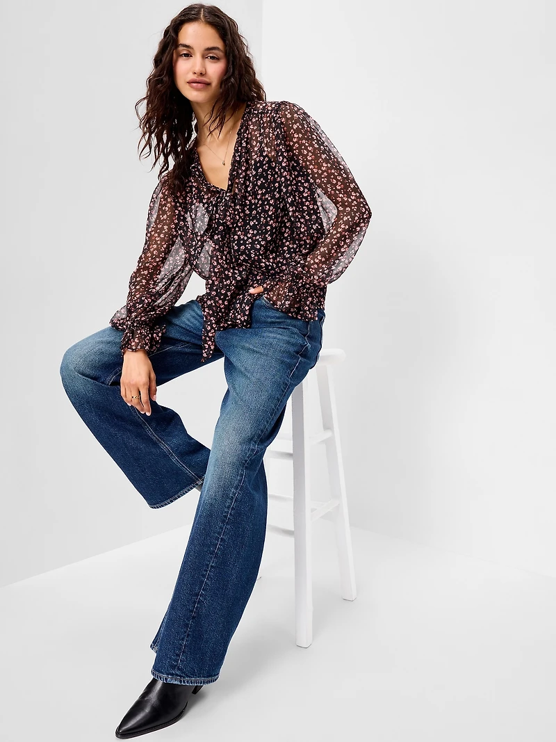 Chiffon Semi-Sheer Tie-Front Top