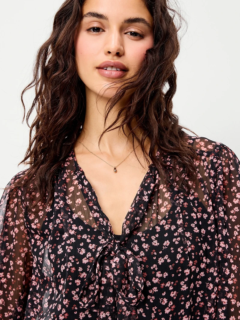 Chiffon Semi-Sheer Tie-Front Top