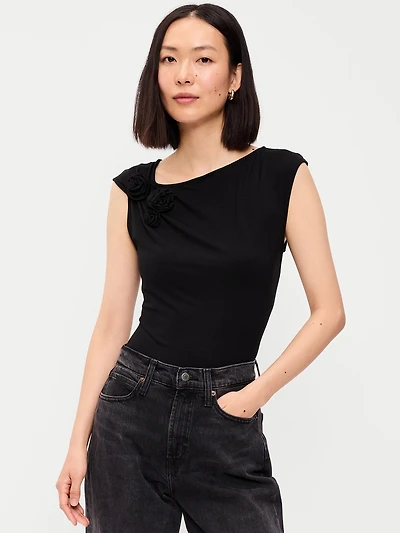 Gathered-Shoulder Rosette Top