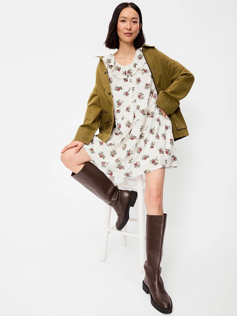 Long-Sleeve Ruffle-Collar Swing Mini Dress