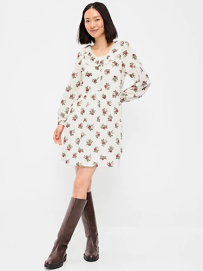 Long-Sleeve Ruffle-Collar Swing Mini Dress