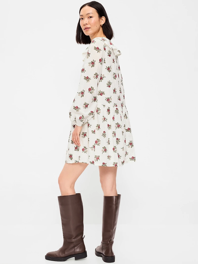 Long-Sleeve Ruffle-Collar Swing Mini Dress