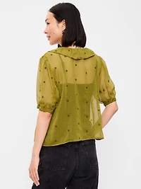 Sheer Ruffle Collar Tie-Front Chiffon Top