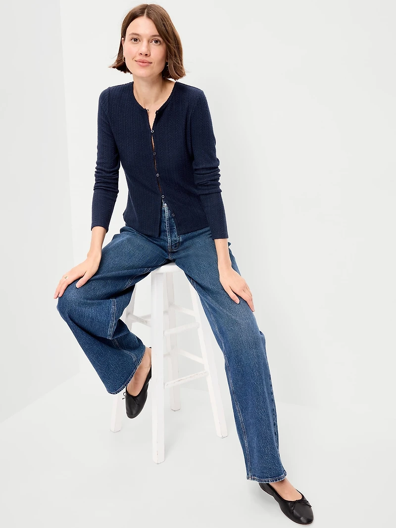 Long-Sleeve Button-Front Pointelle Top