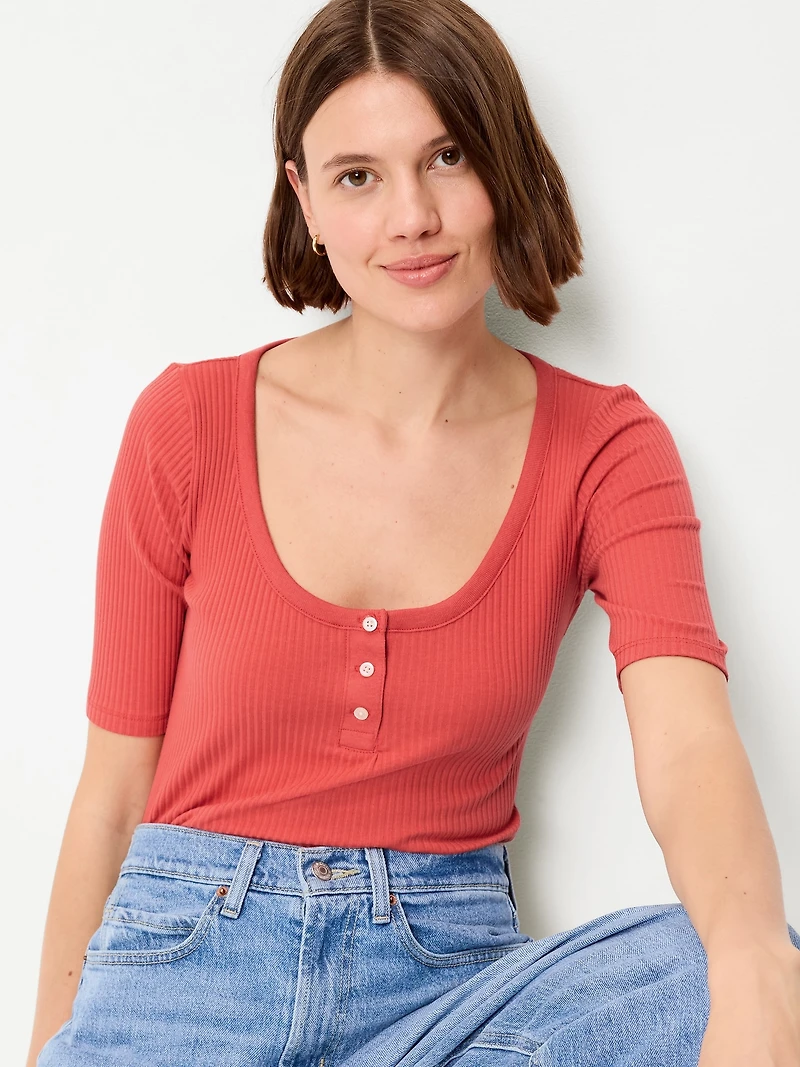 Scoop-Neck Fitted Henley Top