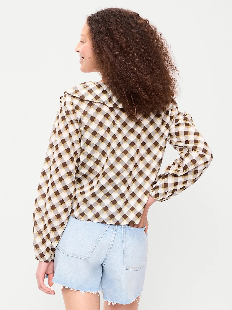 Long-Sleeve Ruffle Tie-Neck Top