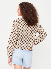 Long-Sleeve Ruffle Tie-Neck Top