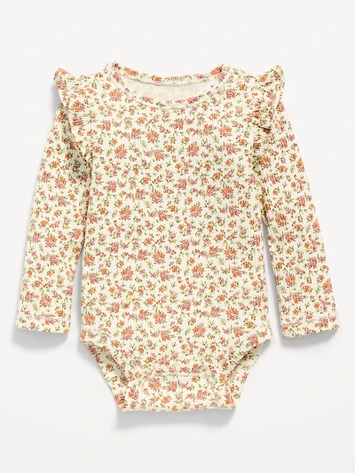 Printed Long-Sleeve Ruffled Ribbed Bodysuit for Baby