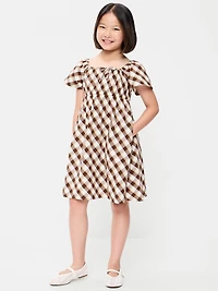 Short Flutter-Sleeve Crinkled Plaid Dress for Girls