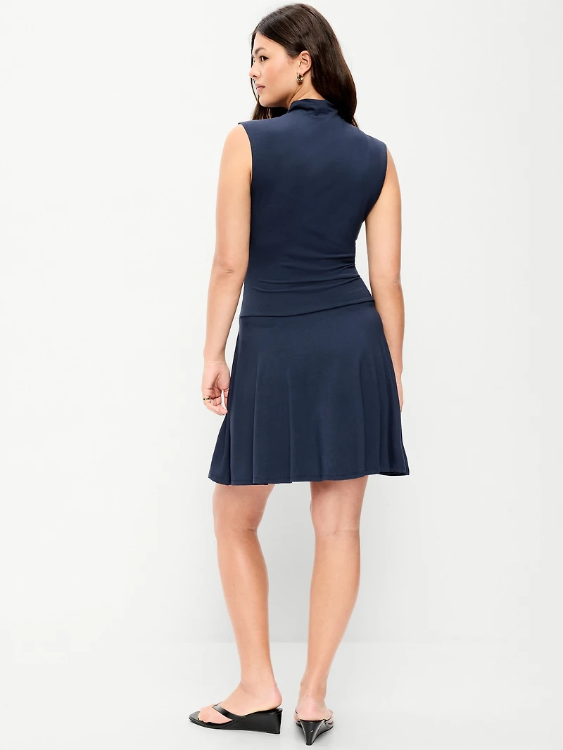 Gathered Mock-Neck Drop-Waist Mini Dress