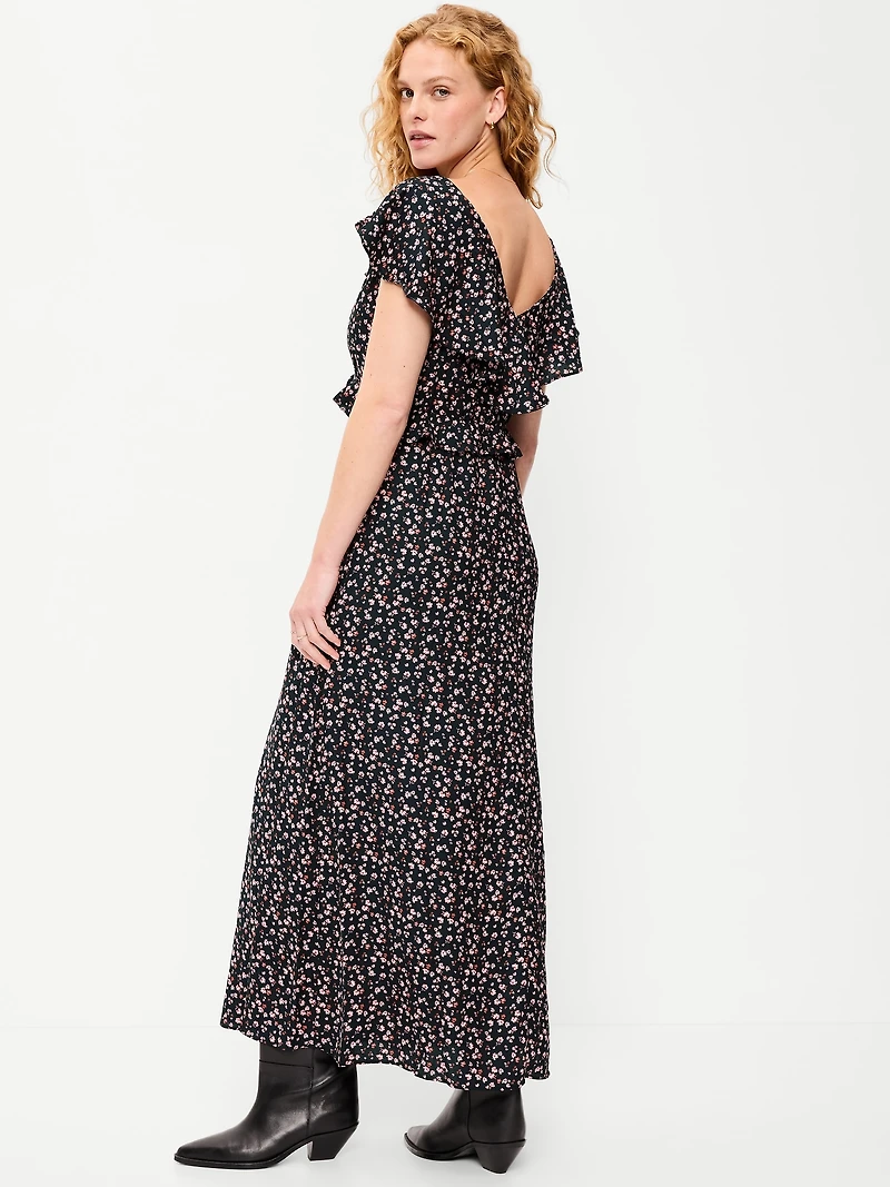 Flutter-Sleeve Crepe Maxi Dress