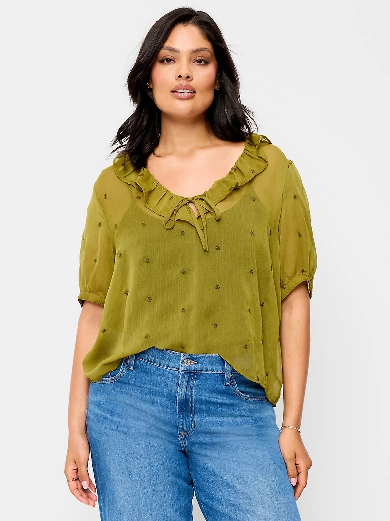 Sheer Ruffle Collar Tie-Front Chiffon Top